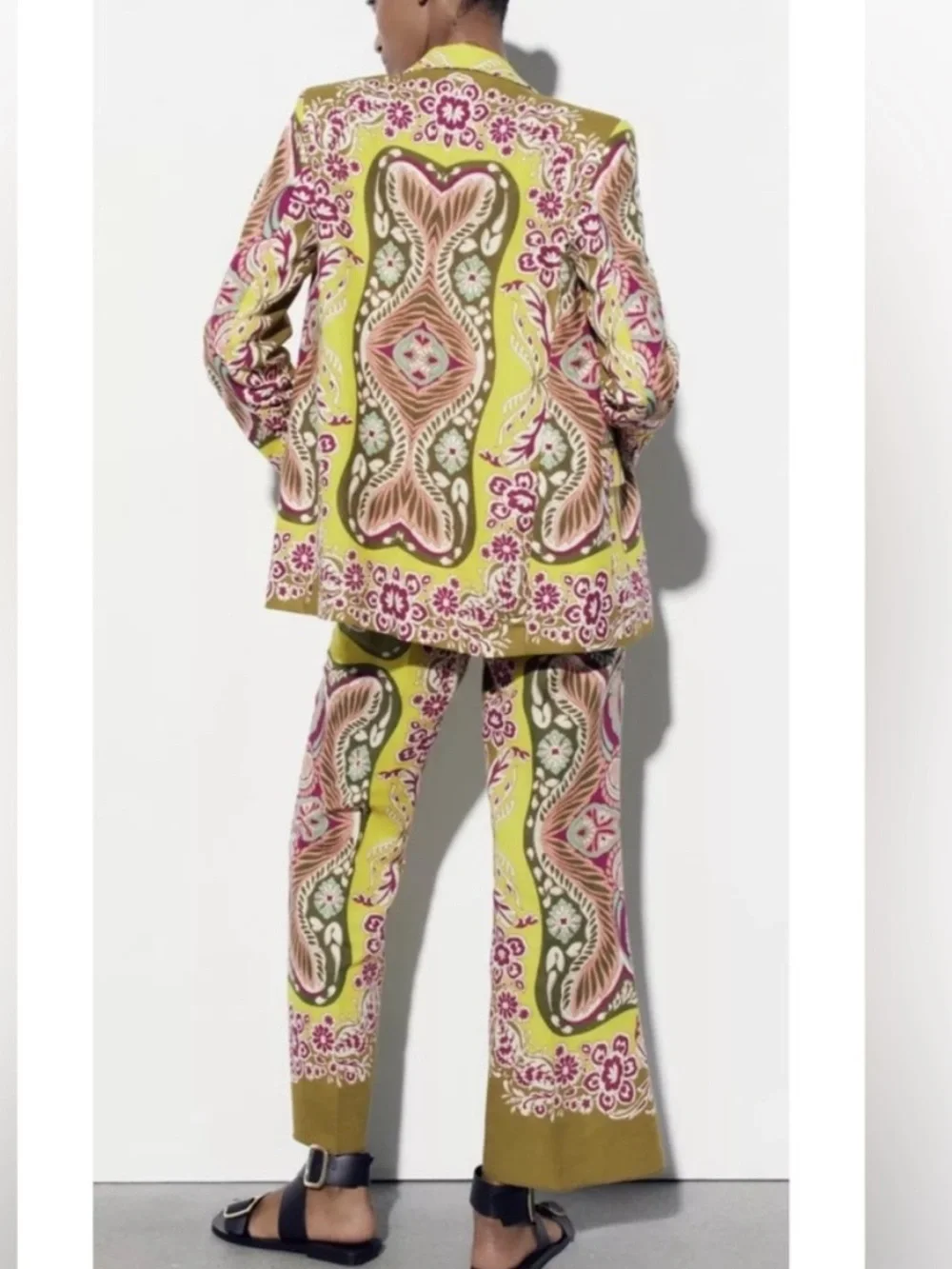 ZARA SET Bright Yellow Army Green Pink Linen Cotton Blend Blazer & Cropped Pants